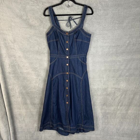 Pilcro Anthropologie Dress Womens Medium Blue Denim Button Midi Sleeveless Boho - Picture 1 of 15